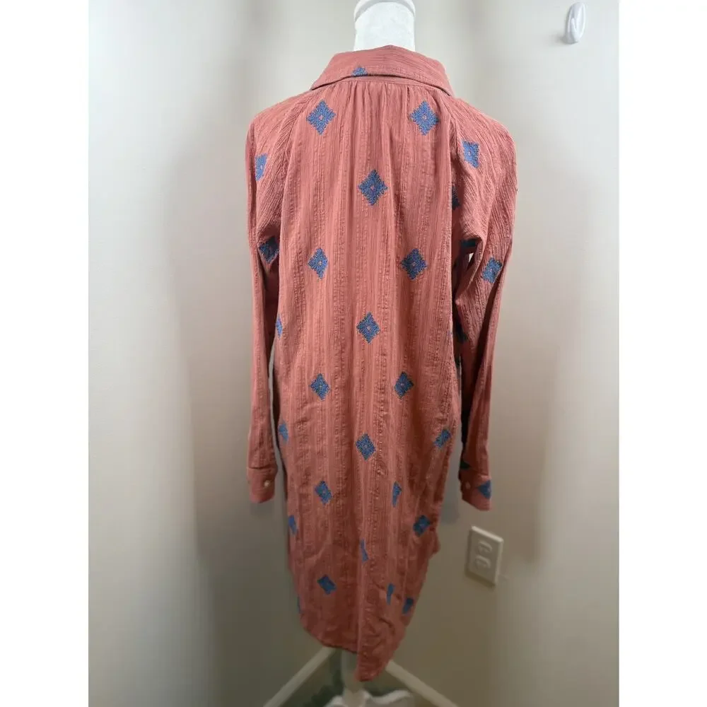 J. Jill Pure Jill Embroidered Shirtdress CoralBlue Small Cotton Boho Cottagecore